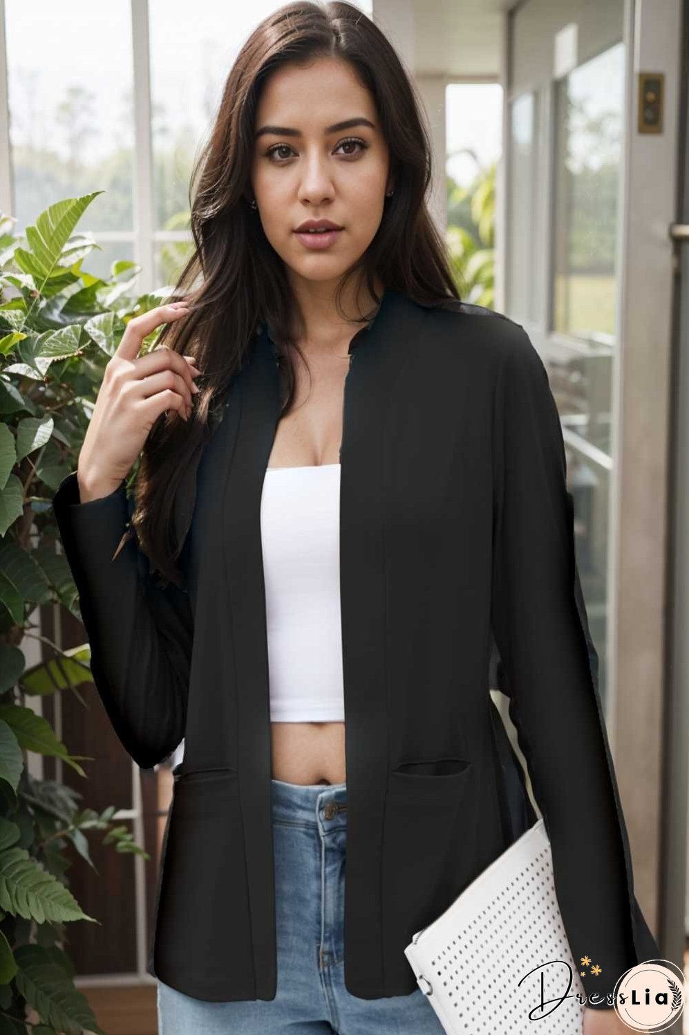 solid long sleeves pockets open front versatile blazer