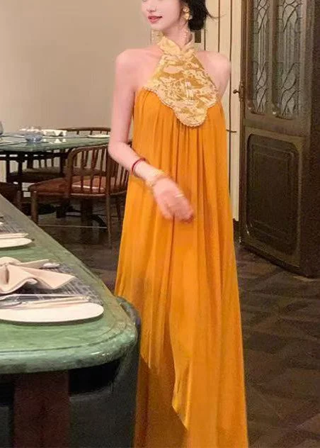 New Retro Orange Patchwork Chiffon Halter Dresses Summer