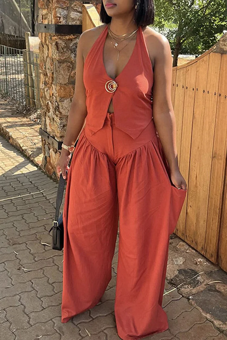 Plus Size Vacation Orange Casual V Neck Pocket Pleated Two Piece Pant Sets [Pre-Order] 2024 - Xpluswear