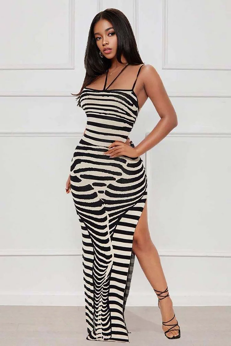 Knit Zebra Striped Print Backless Bodycon Slit Side Vacation Slip Maxi Dresses