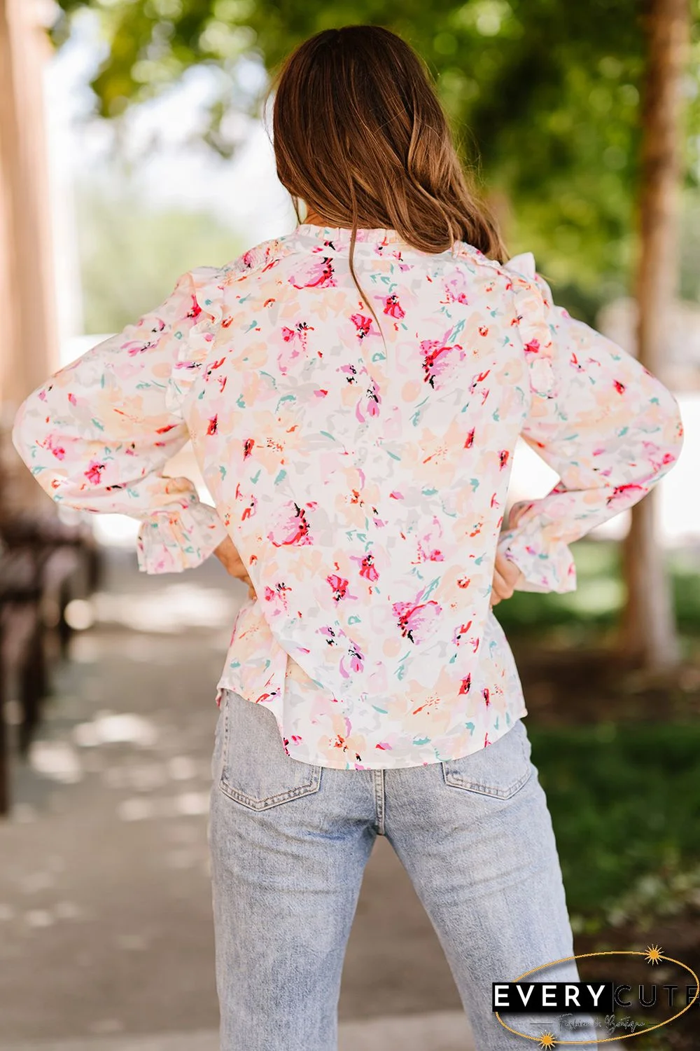 Multicolor Floral String Tie V Neck Ruffle Blouse