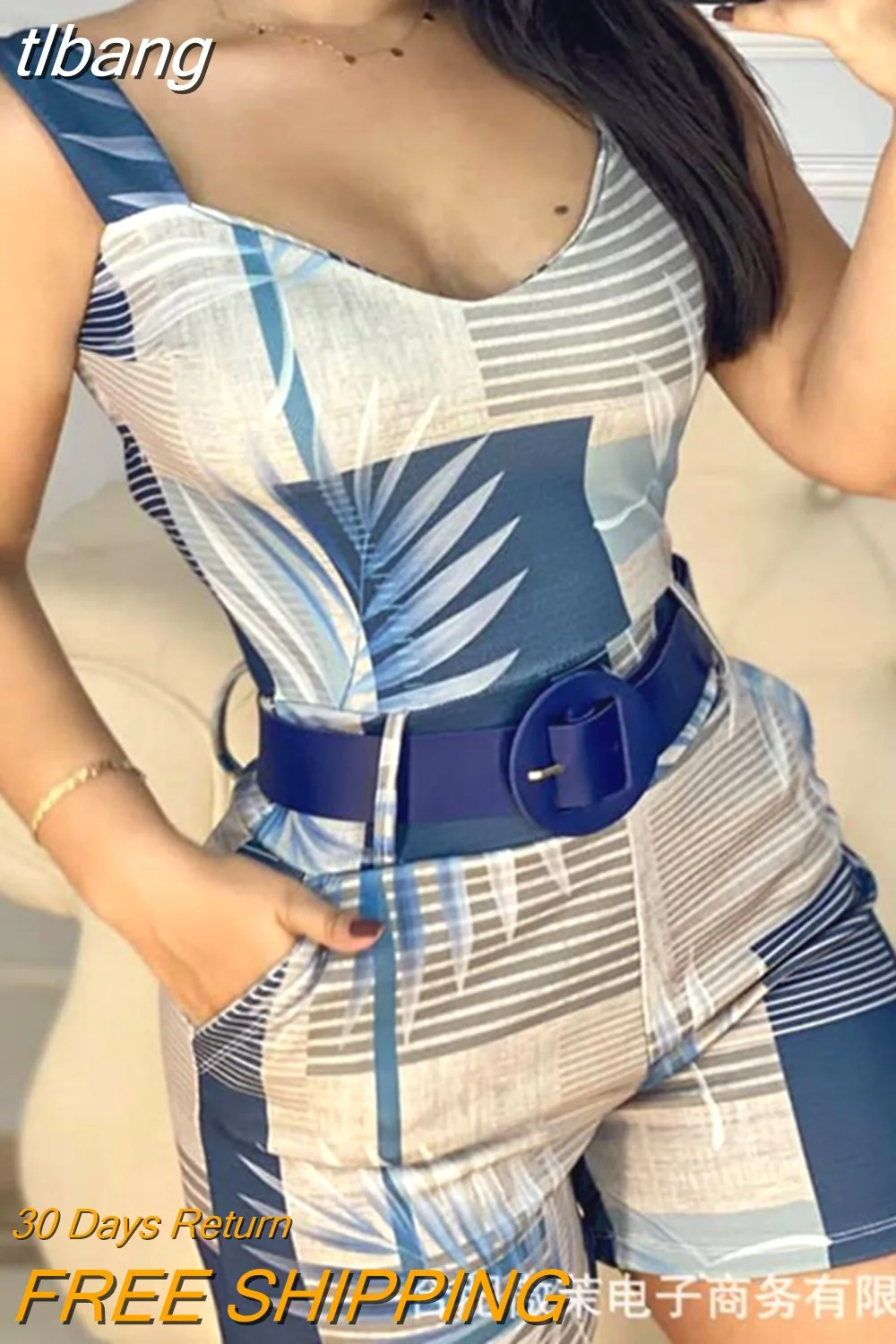 tlbang Women's New Plant Print Color Matching Suspenders Tight Jumpsuit Casual Office Sleeveless Rompers Female 2023 Fashion