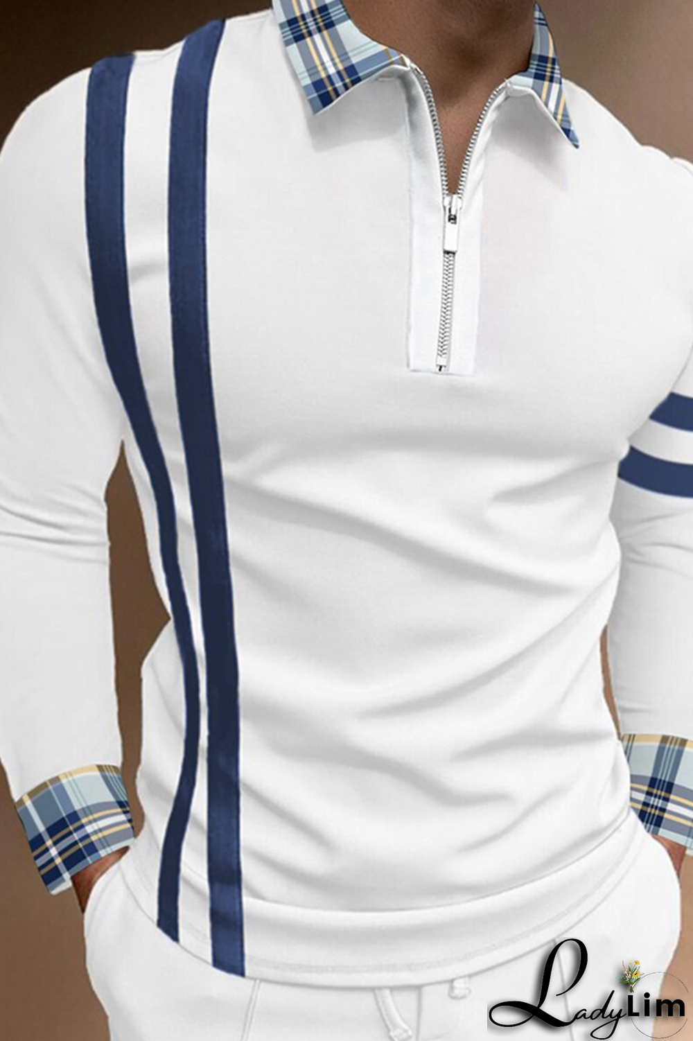 White Red Fashion Casual Print Split Joint Zipper POLO collar Tops