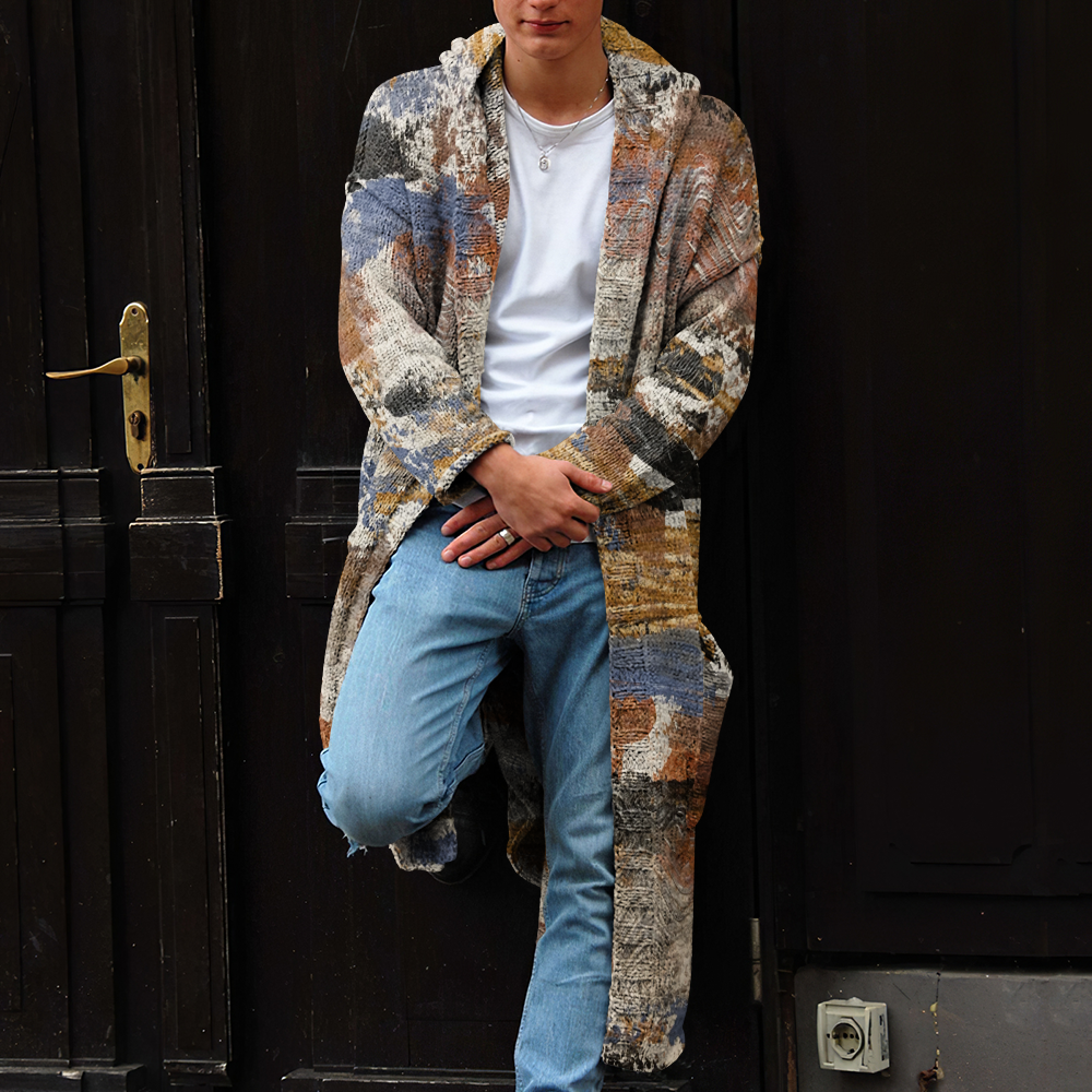 Retro Art Paint Camouflage Knitted Long Hooded Cardigan
