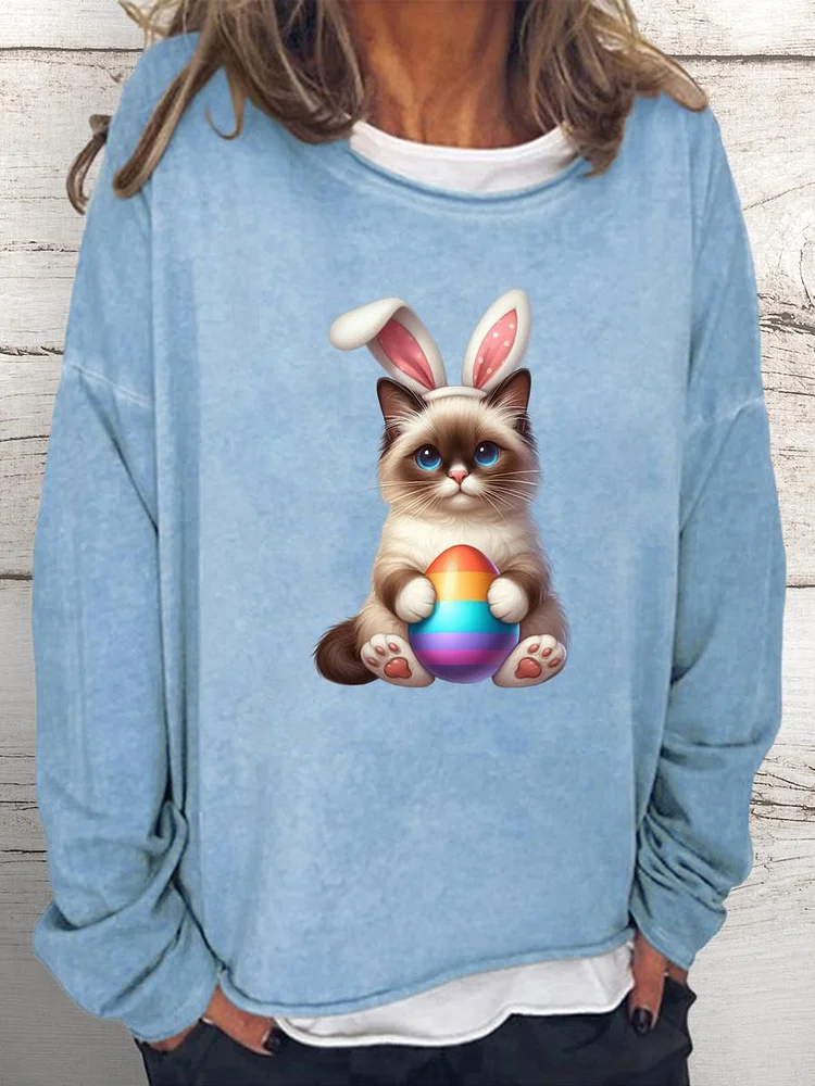 Happy Easter from cat with bunny headband Women Loose Sweatshirt-0025237