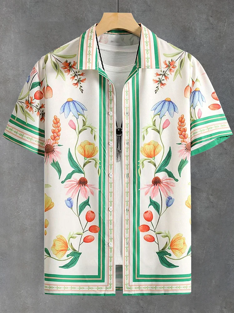 Men's European Summer Flower Holiday Art Print Short Sleeve Shirt