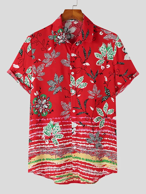 Aonga - Mens Ethnic Floral Print Curved Hem Shirt