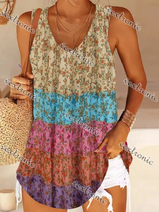 Women's Colorful Scoop Neck Sleeveless Floral Printed Tops