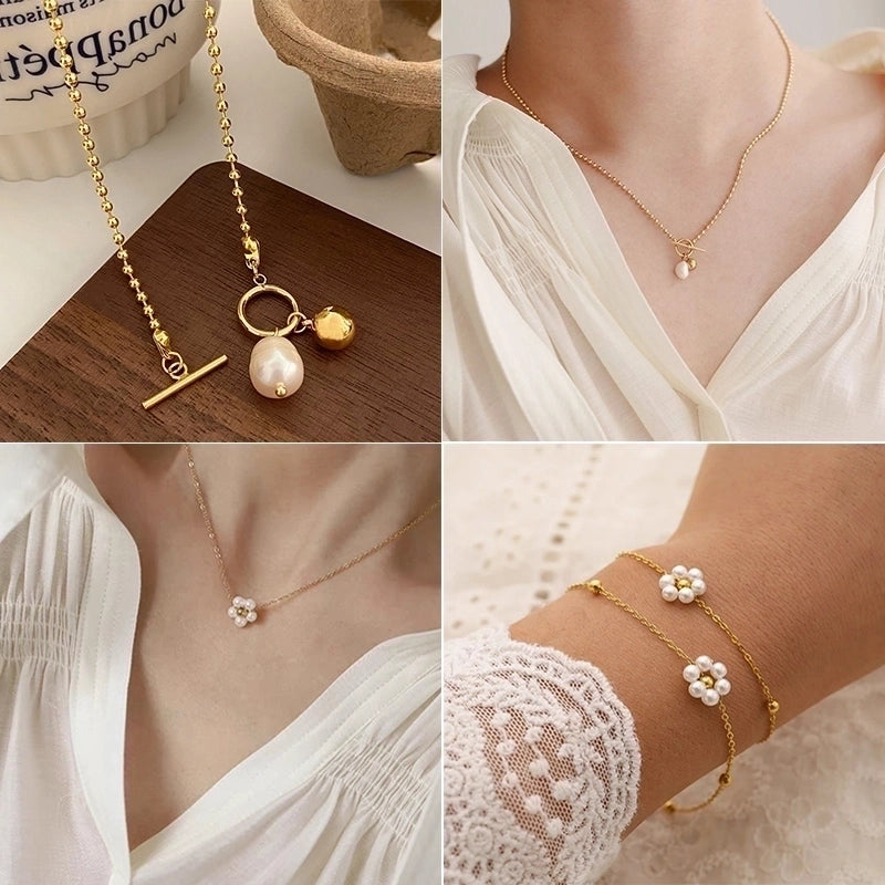 Elegant Minimalist Commute Flower 316L Stainless Steel  Freshwater Pearl 18K Gold Plated Inlay Bracelets Necklace