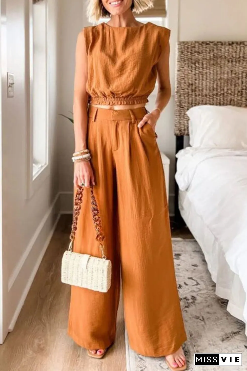 Casual Solid Pocket O Neck Sleeveless Two Pieces