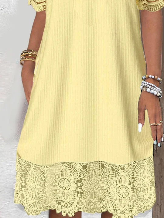 Women Half Sleeve V-neck Solid Color Dress