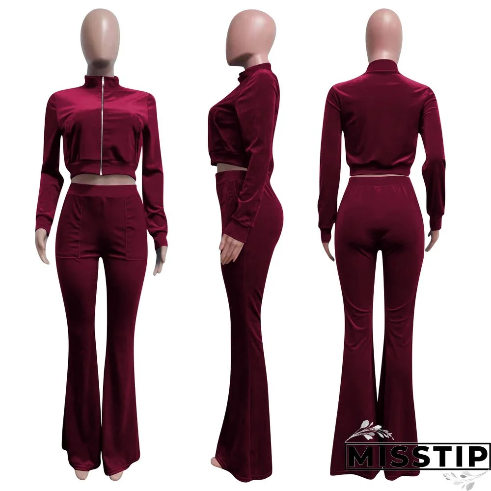 Velvet Solid Zip Jacket Crop Top Flared Pants Set