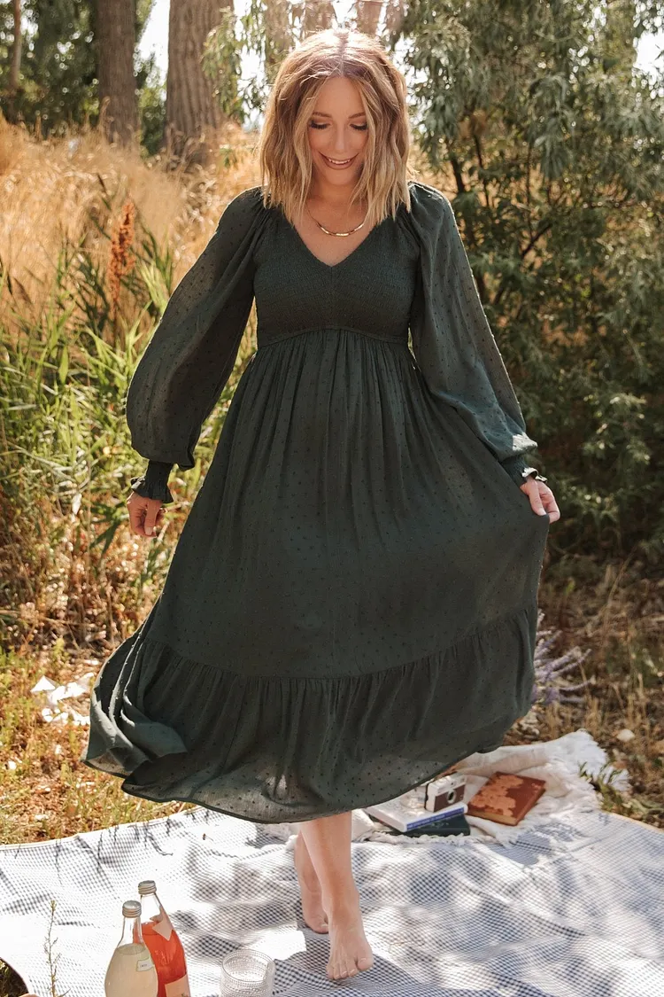 Smocked Dotted Floral Midi Dress - Deep Olive