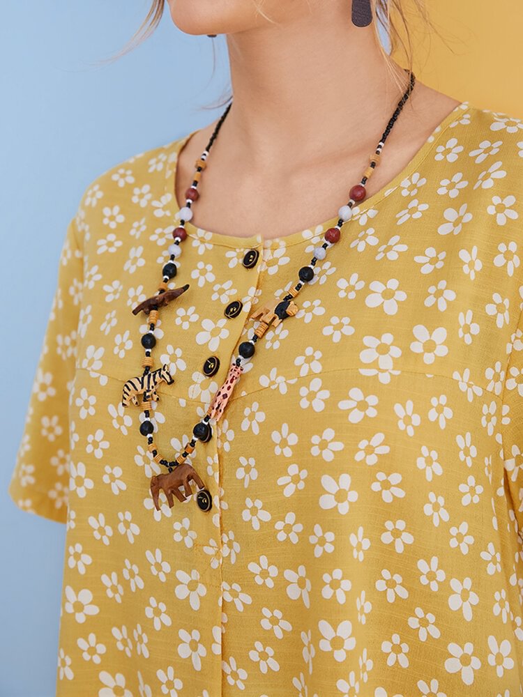 Flowers Print O neck Button Casual Blouse for Women P1844020