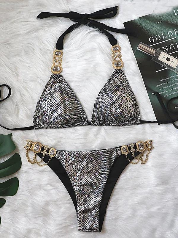 Sexy Snake-Print Shining Gorgeous Embellished Split Bikini Swimsuit