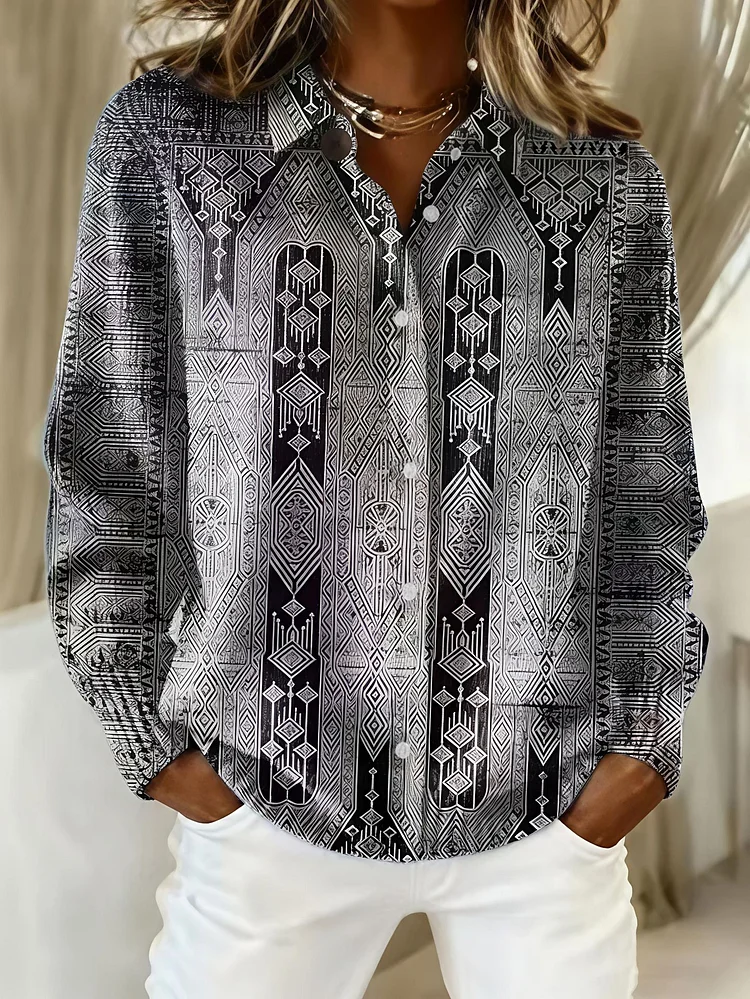 Women's Vintage Cozy Abstract Geometry Art Print Casual Sweater