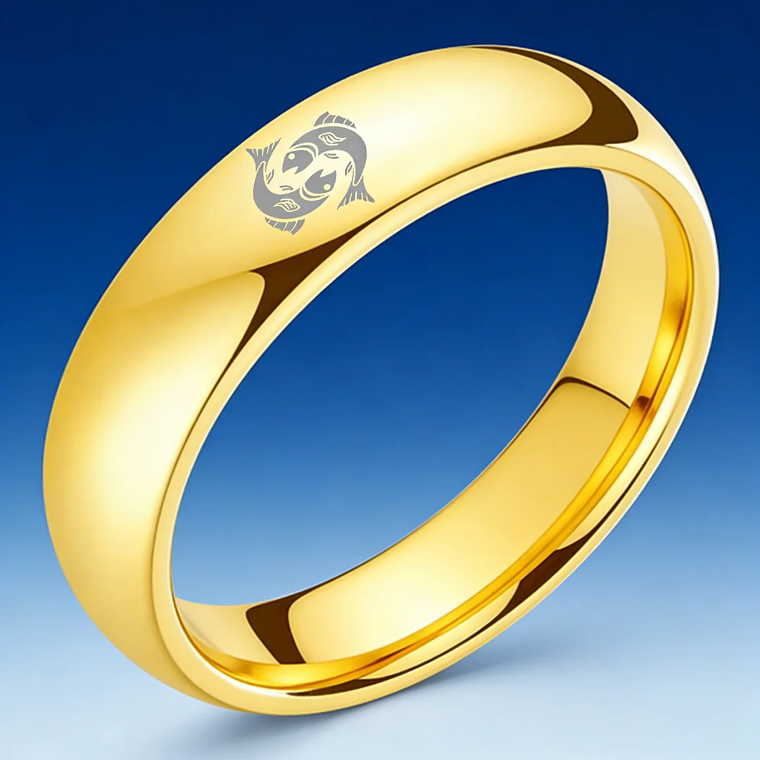 4MM 6MM 8MM Width Gold Pisces Tungsten Carbide Rings Prints Laser Design Domed Top Tungsten Wedding Bands 