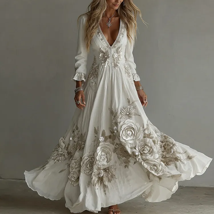 Women's Vintage White Flowers Embroidery Art V-neck Maxi Dress