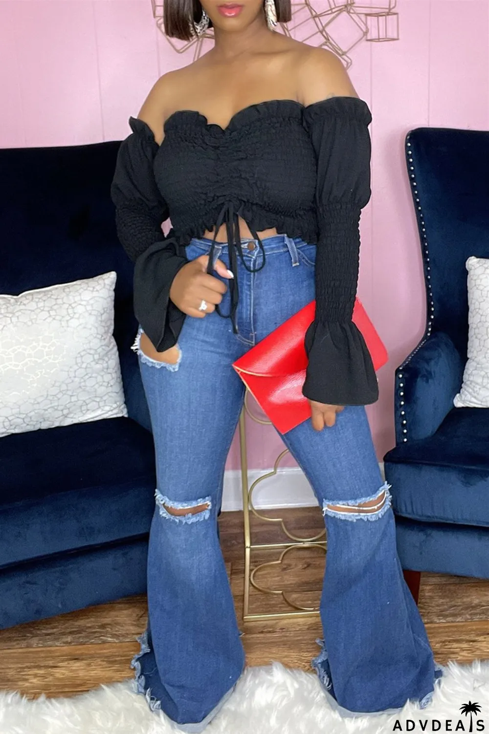 Blue Sexy Casual Solid Draw String Backless Off the Shoulder Tops