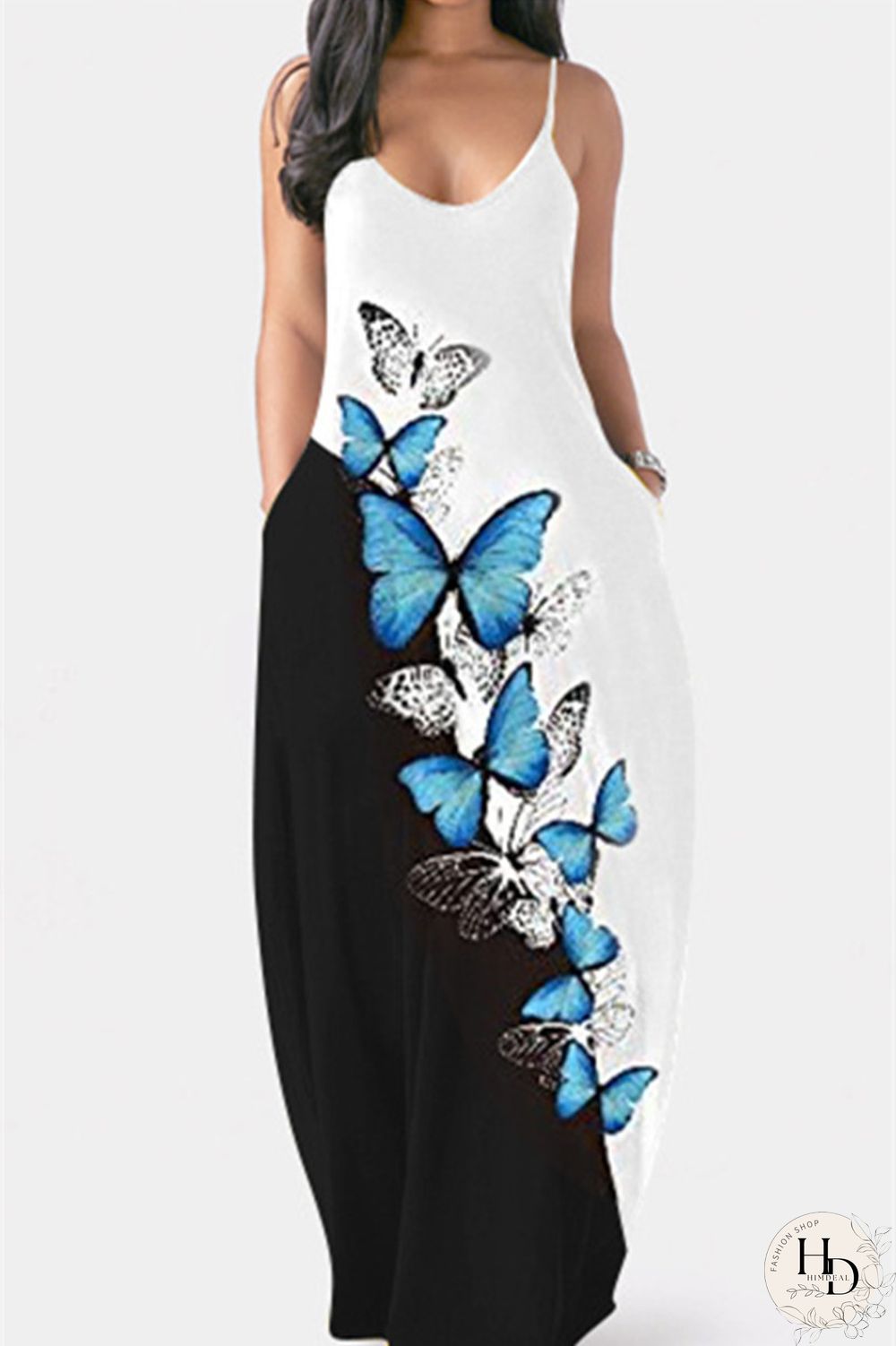 Green Sexy Casual Butterfly Print Backless Spaghetti Strap Sleeveless Dress