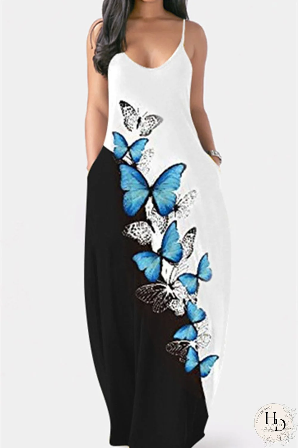 Green Sexy Casual Butterfly Print Backless Spaghetti Strap Sleeveless Dress