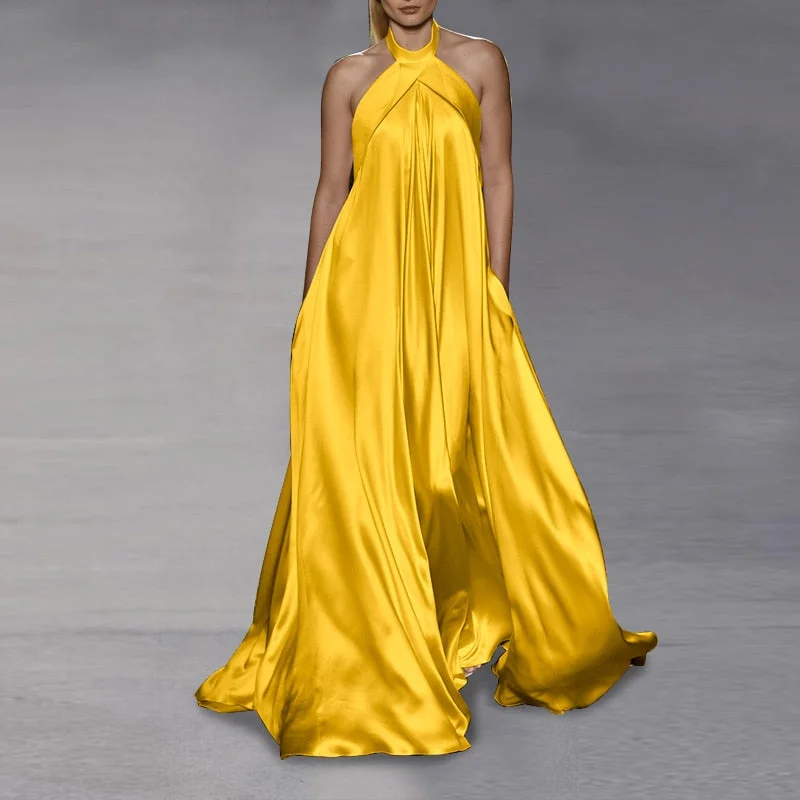 VONDA 2022 Summer Halter Party Dress Women Sexy Backless Sleeveless Off Shoulder Maxi Sundress Casual Solid Satin Silk Vestidos