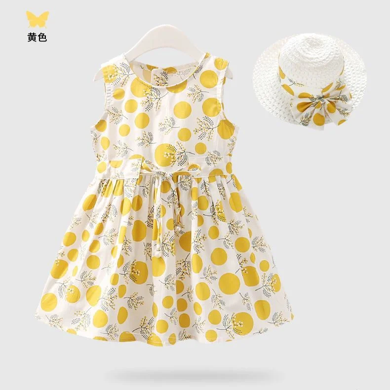 2PCS/Set Girls Dress +Hat Cotton Comfortable Children's Dress 2021 Summer Dress Floral Girls' Sleeveless Dress For Children