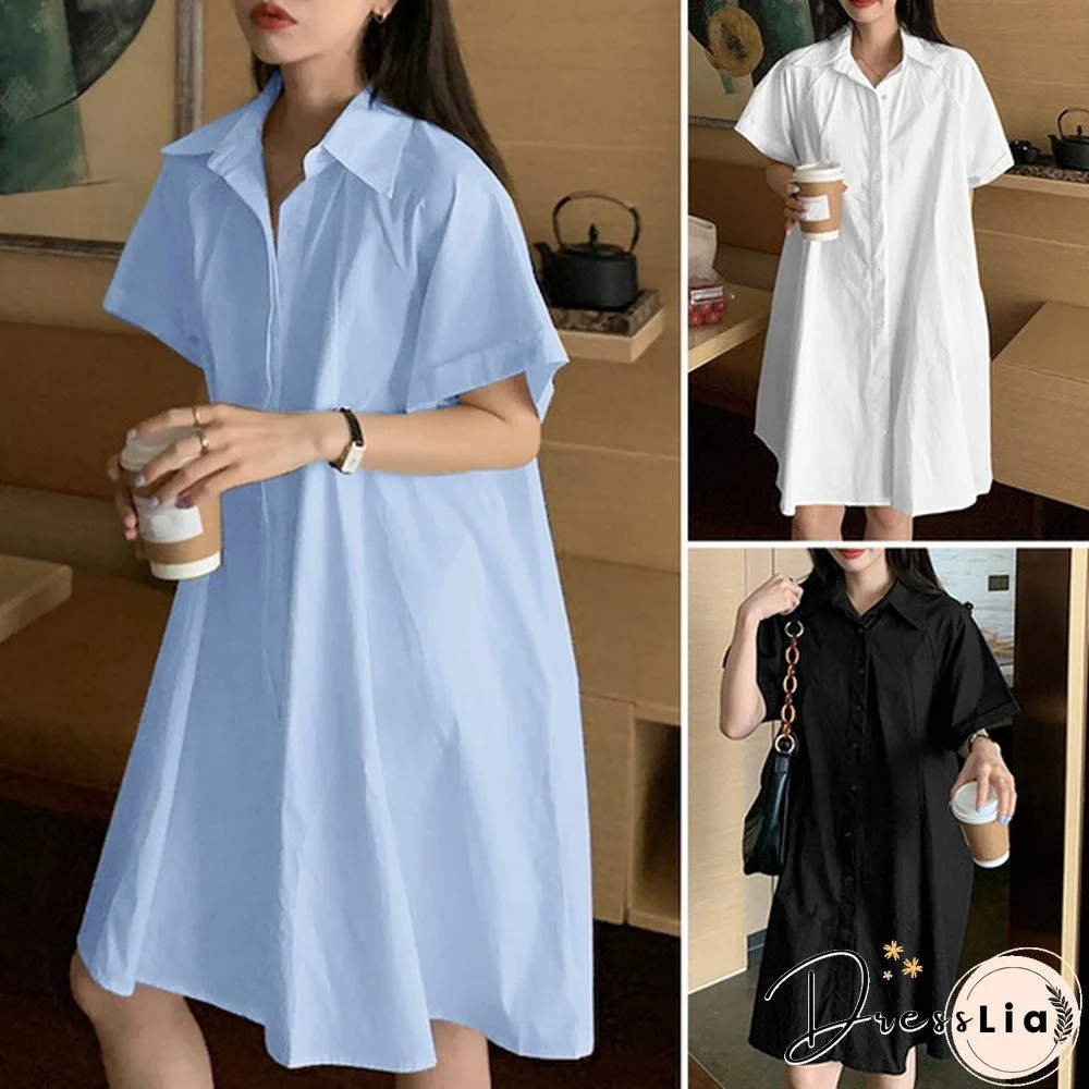 Women Loose Plain Holiday Cami Sundress Lapel Cotton Retro Party Mini Shirt Dress Plus