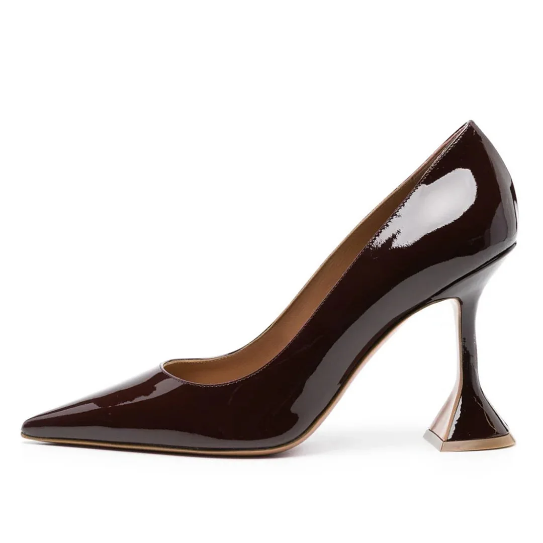 Brown Patent Leather Pointed Toe Elegant Pumps with Flared Heels