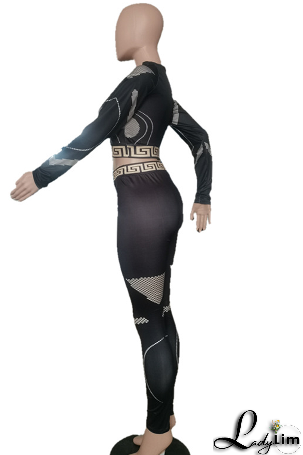 Black Casual Print Split Joint O Neck Long Sleeve Two Pieces