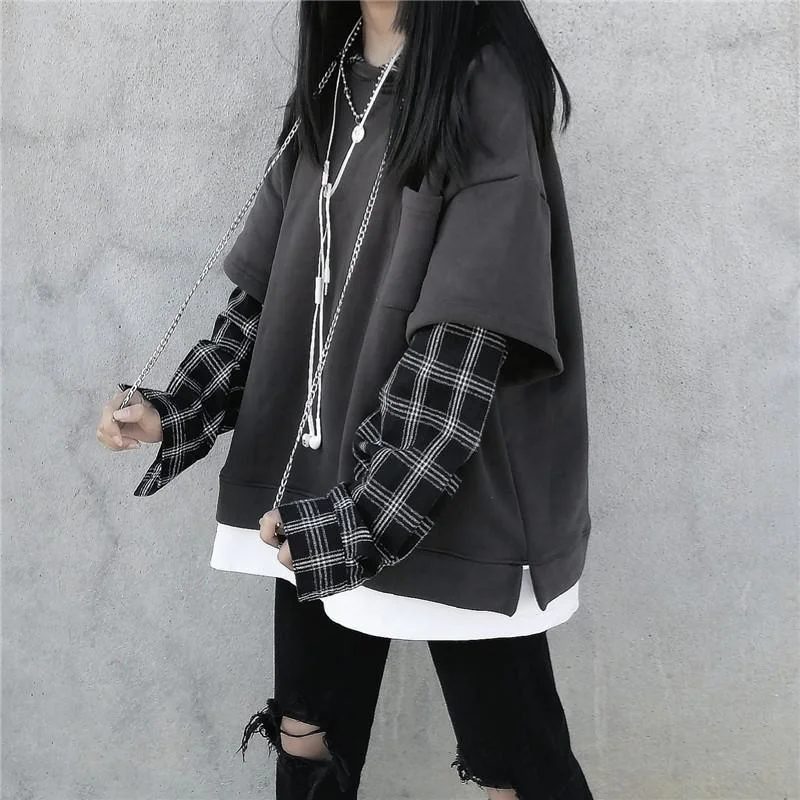 Budgetg Hip Hop Hoodie Women Harajuku Plaid Sweatshirts Japan Kawaii Femme Casual Pullover Tops Gray Oversized Basic Hoodies
