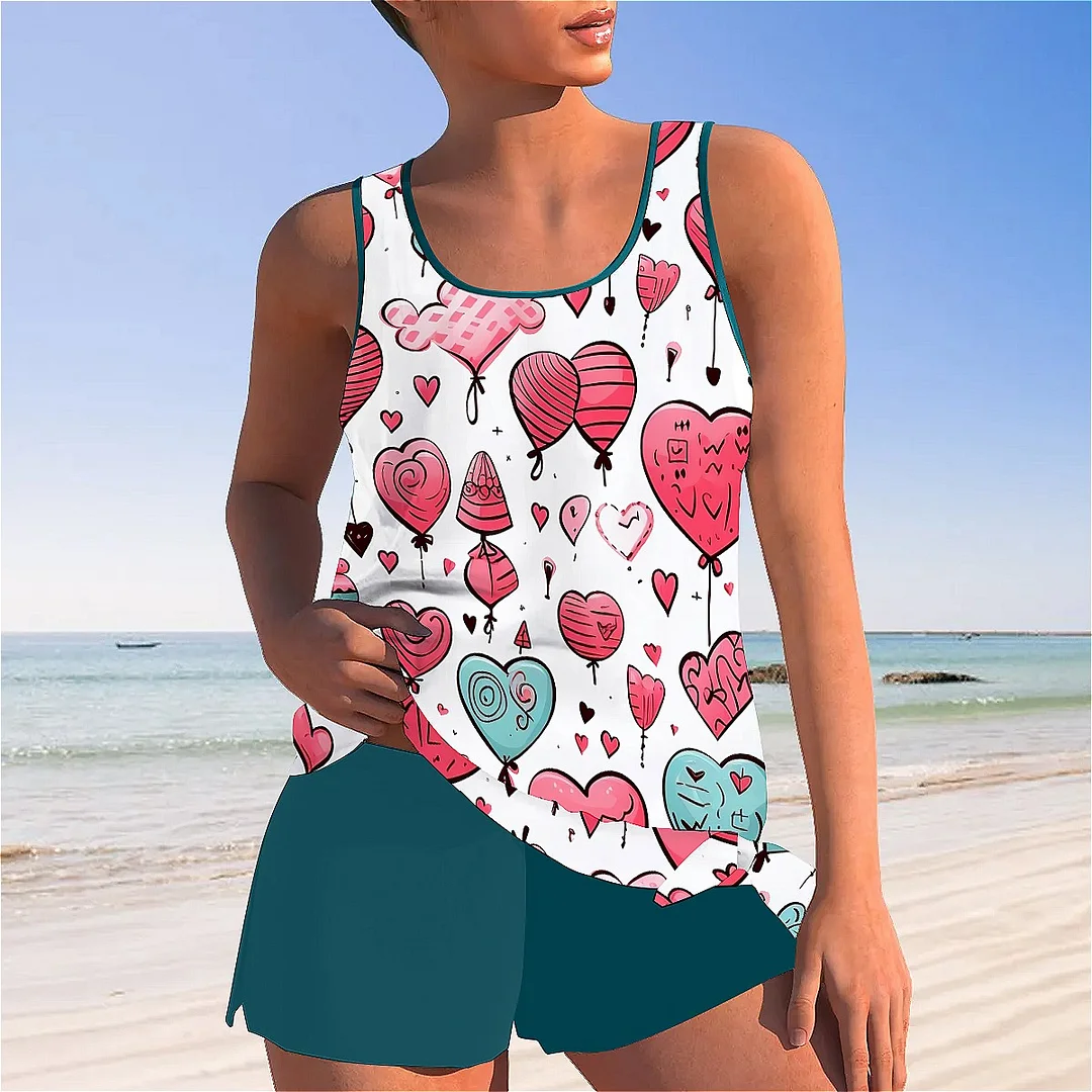 Bowknot Heart,Love,Valentine's Day Mid Waisted Tankini Set - Plus Size Available