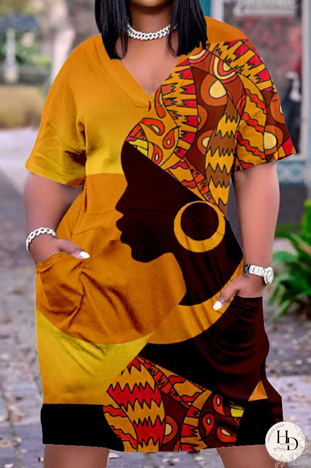 Multicolor Casual Street Print Patchwork V Neck Straight Dresses