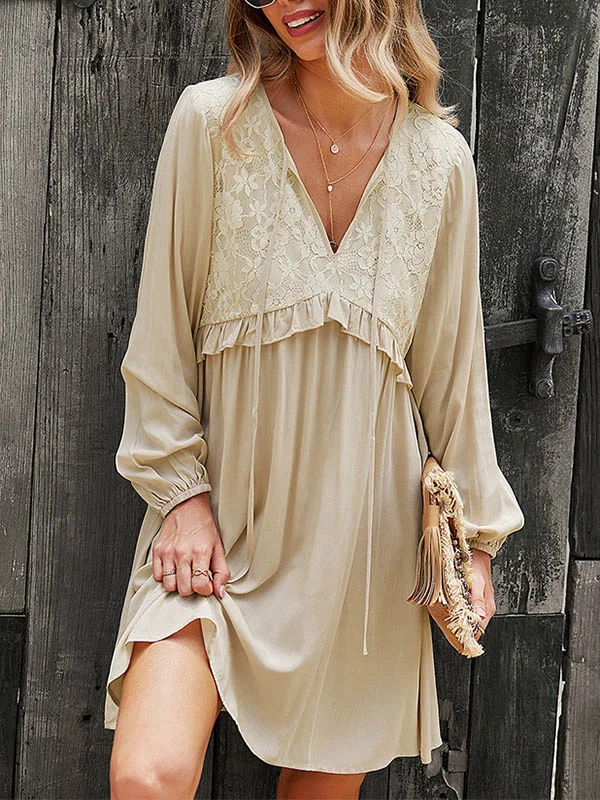 Casual Loose 3 Colors Tied Lace Embroidered Pleated Falbala V-Neck Long Sleeves Mini Dress 