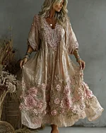 Women's Retro Floral Art Flowy Linen Blend Casual Long Sleeve Maxi Dress - Image 8