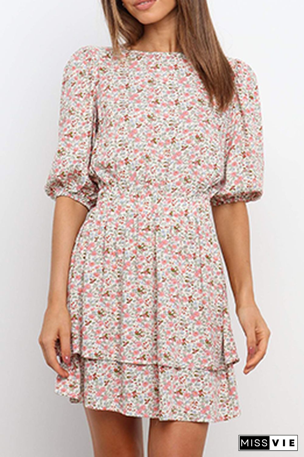 Casual Sweet Floral Split Joint Flounce O Neck Waist Skirt Dresses