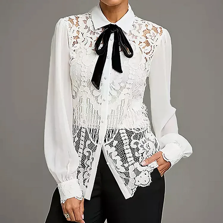 Casual Lace Hollow Out Bow Tie Button Long Sleeve Blouse