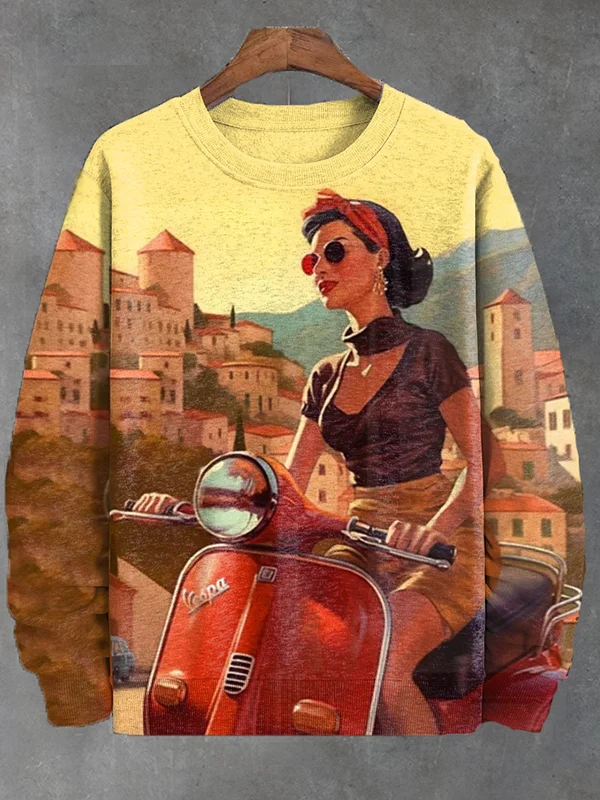 Men's Retro Electromobile Travel In Europe Art Print Casual Sweatshirt