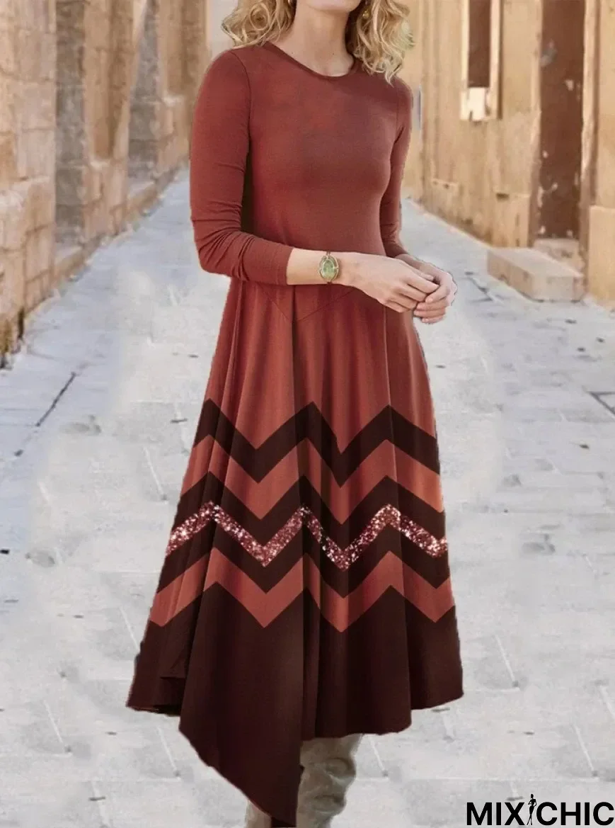 Casual Line Print Crew Neck Long Sleeves Maxi Dress