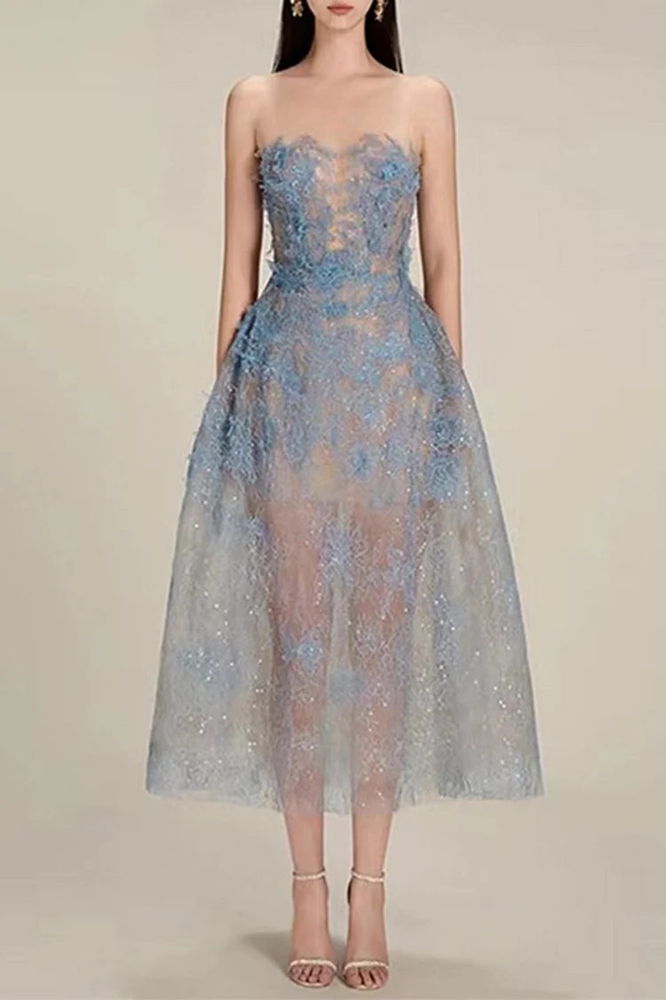 Cocktail Blue Sequined Lace Mesh See-Through Strapless Midi Dress