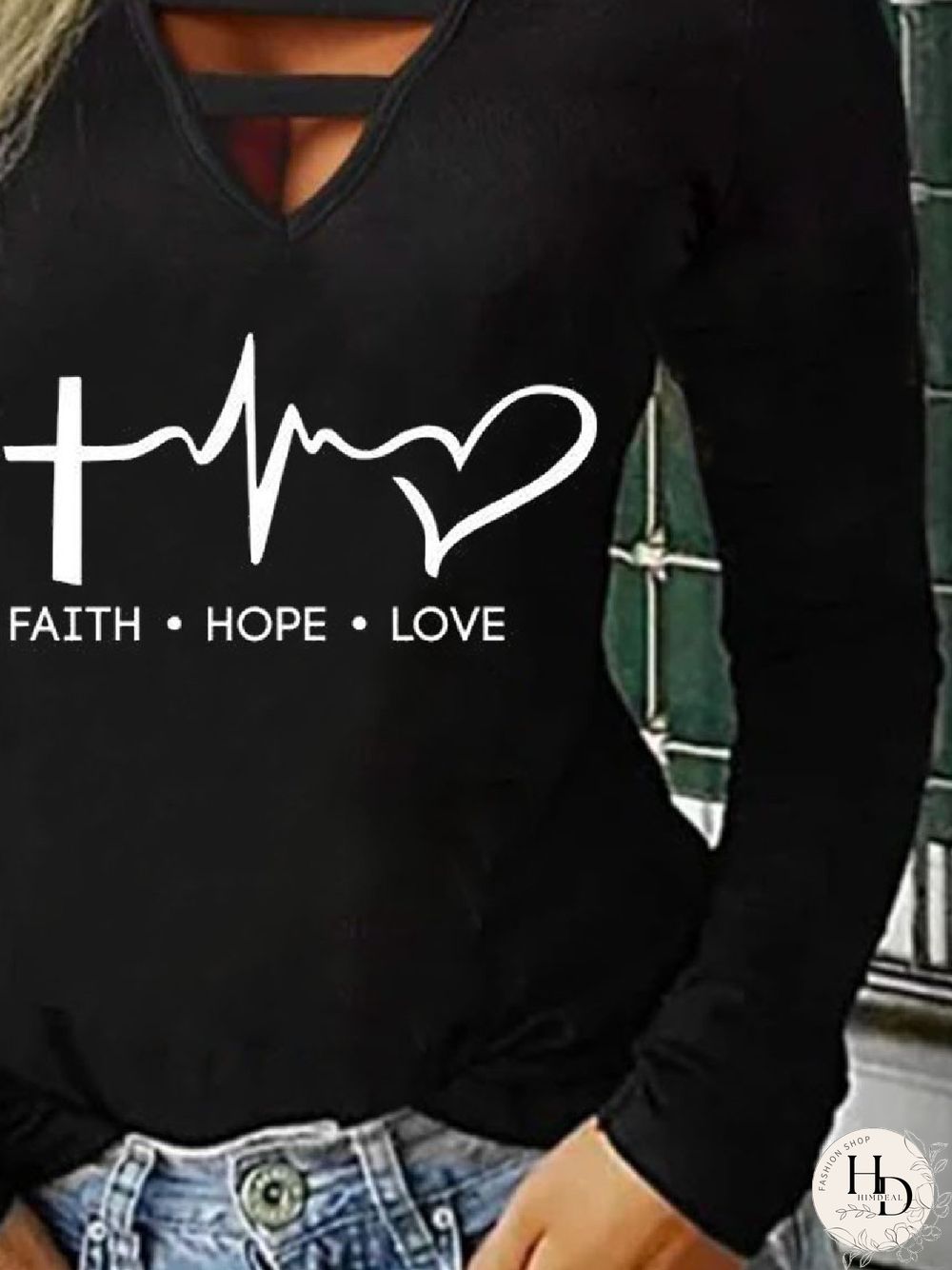 Casual V neck Letter Long Sleeve Shirts & Tops