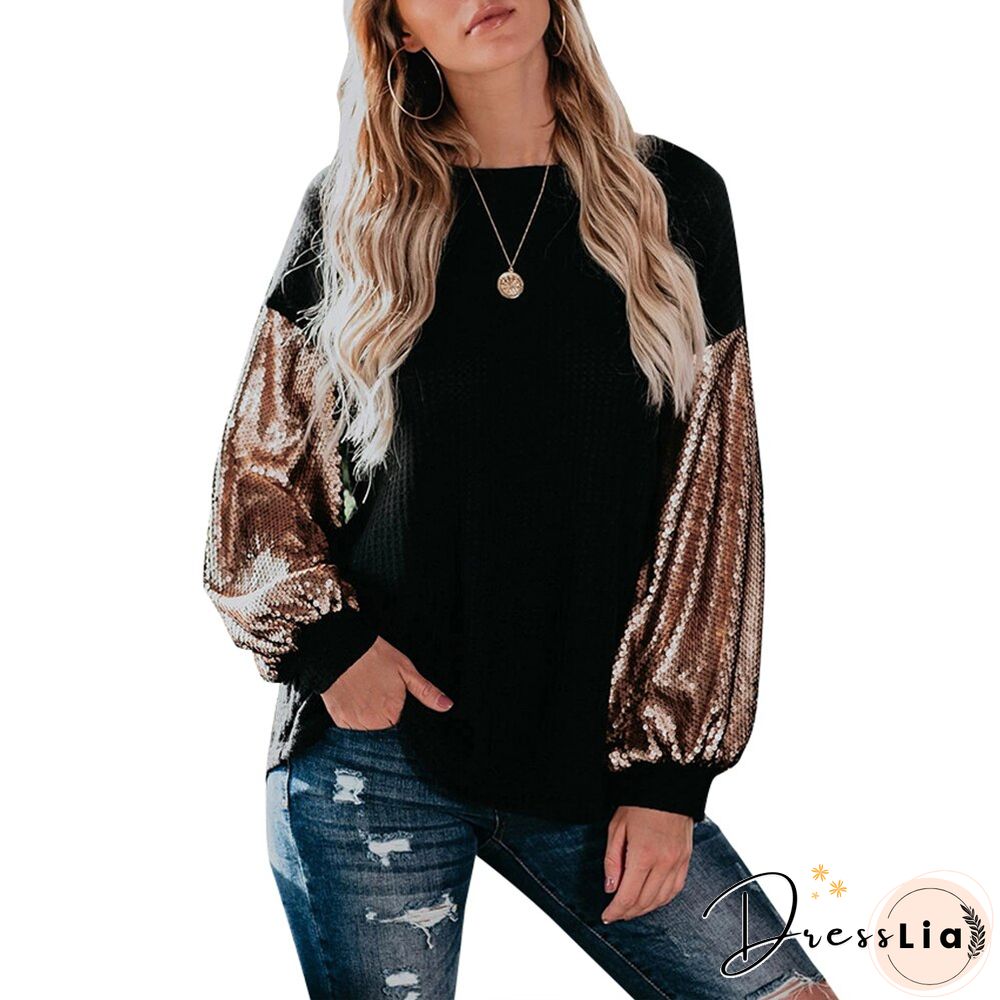 Sale Long Sleeve Ladies Top And Shirt Sequins Knitted Female Blouses Fashion Patchwork Women Blouses Tee Shirt Fall Spring D30