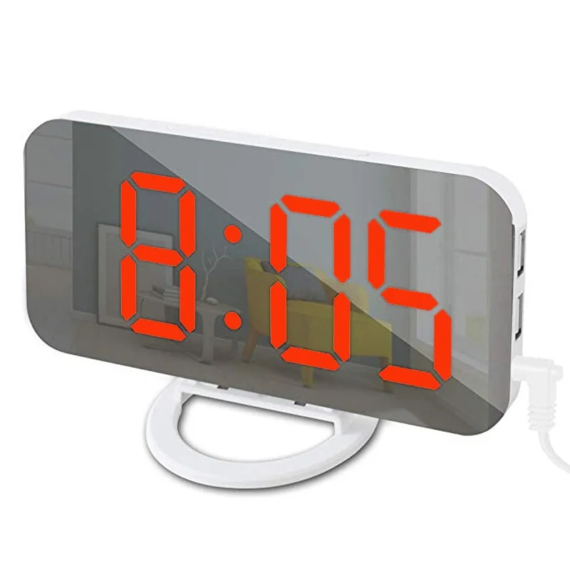 Digital LED Alarm Clock Mirror 2 USB Charger Ports Night Light LED Table Clock Snooze Function Adjustable Brightness Desk Clocks