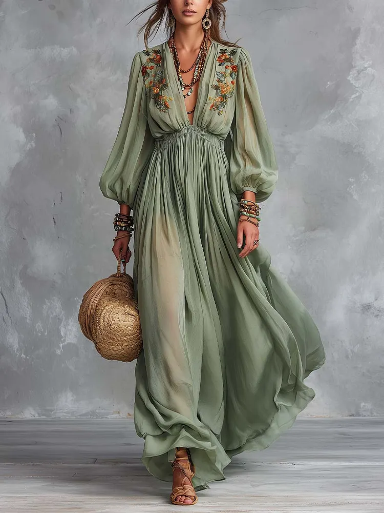 Green Bohemian V-neck Floral Chiffon Maxi Dress