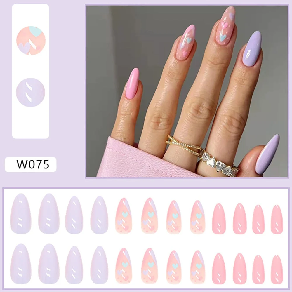 24pcs Point Head False Nails Tips Press On Nail with Heart Print Design Girl DIY Nail Patch Removable French Style Fake Nails-Nail Inspo