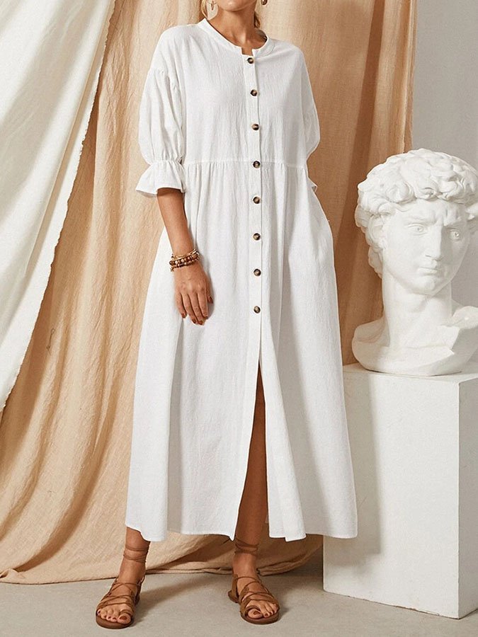 Single-Breasted Cotton And Linen Dress