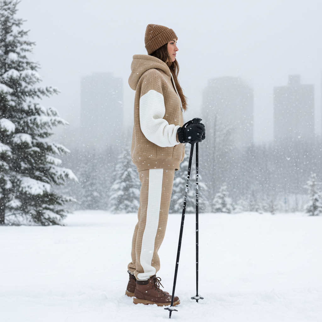 Women's Vintage Khaki White Waffle Knit Quilted Plaid Pocket Hoodie And Sweatpants Jogger Set