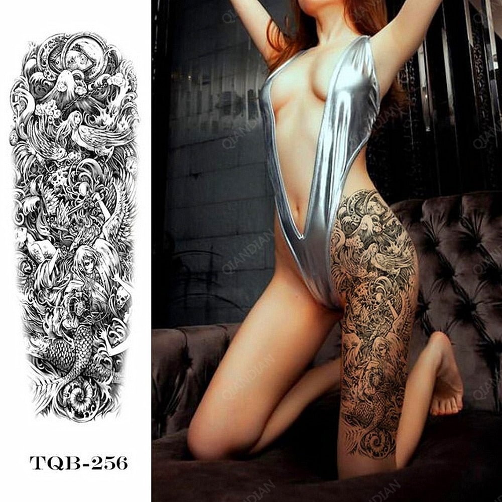 1pc Women Waterproof Temporary Tattoos Stickers Thighs Cool Hipster Skull Mermaid