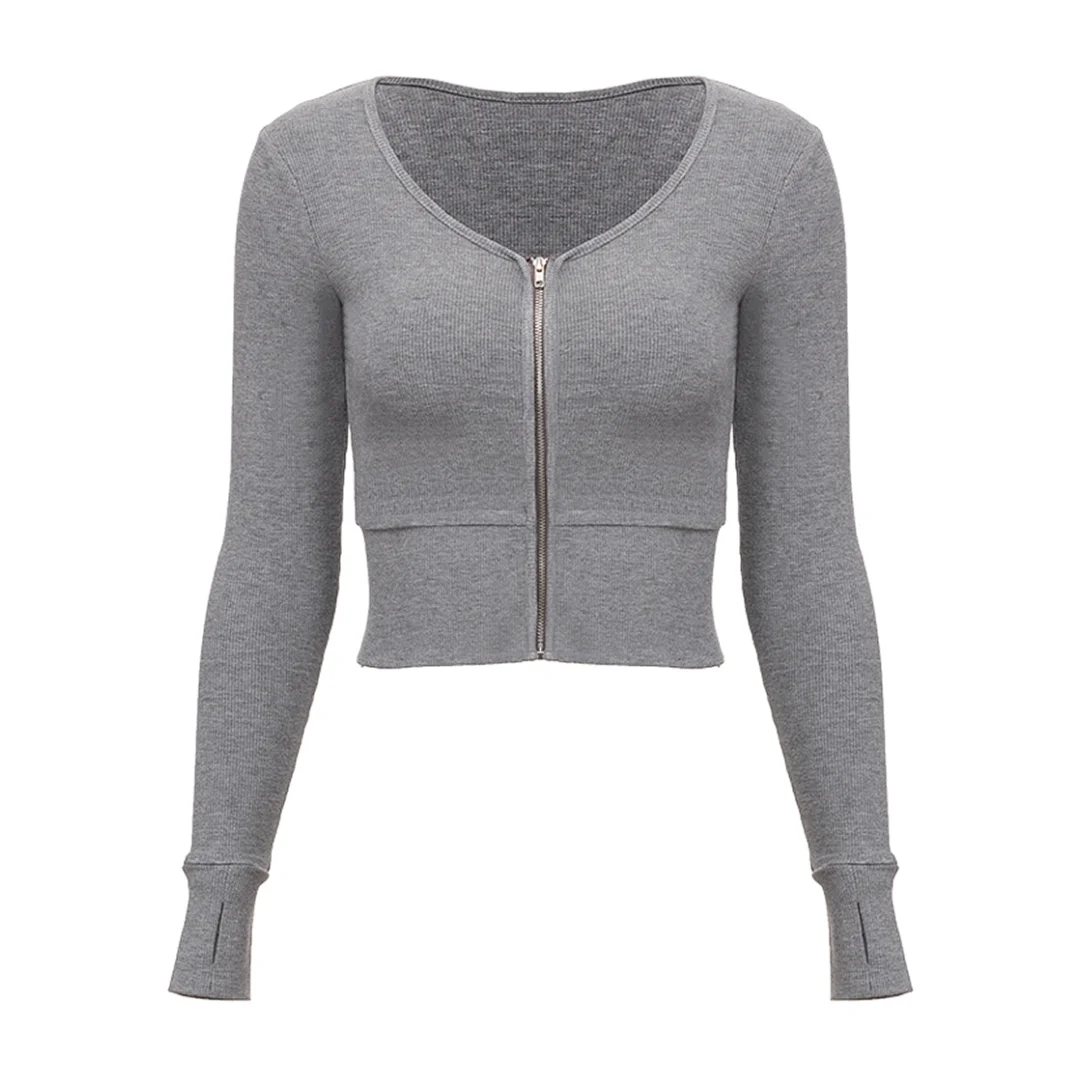 V-Neck Zip Long Sleeves Finger Buttons Sports Top