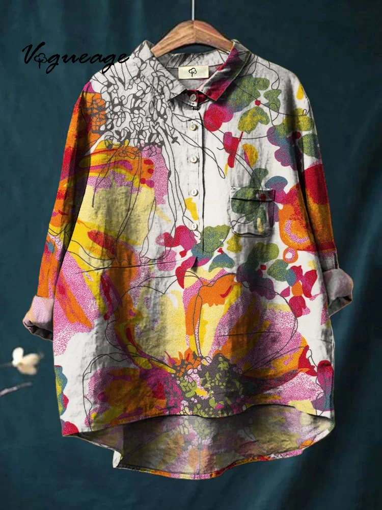 Gentle Soft And Comfortable Flowers Printed Cotton And Linen Shirt